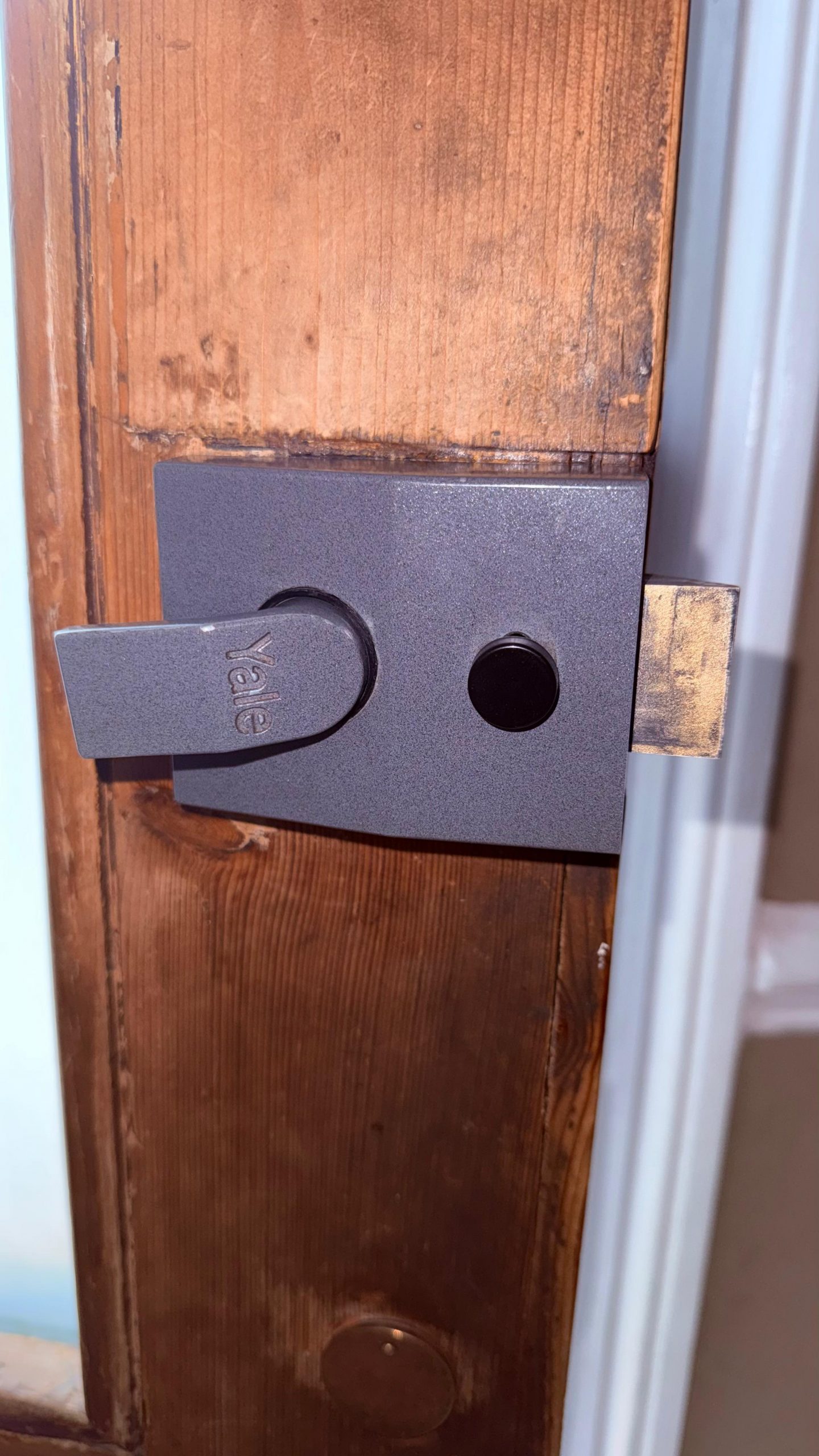 Grey Yale nightlatch fitted to a Victorian door interior in West Norwood SE27